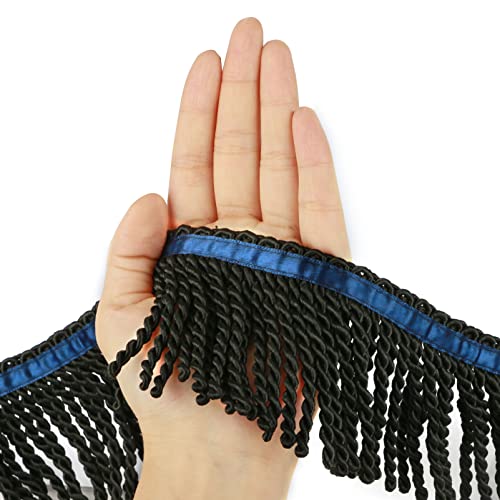 BEL AVENIR Curtain Fringes Bullion Fringe Trim with Blue Ribbon 5.3 Yard x 3 Inches Fabric Trims Sewing DIY Decoration for Curtain Sofa Clothes (Black)