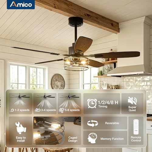 Image of Amico 52 Inch Farmhouse Ceiling Fans with Lights and Remote, Black Caged | E12 Replaceable Bulbs, Downrod Mount, Remote, Quiet Reversible Motor, Timer, Bedroom, Living Room, Covered Outdoor Spaces