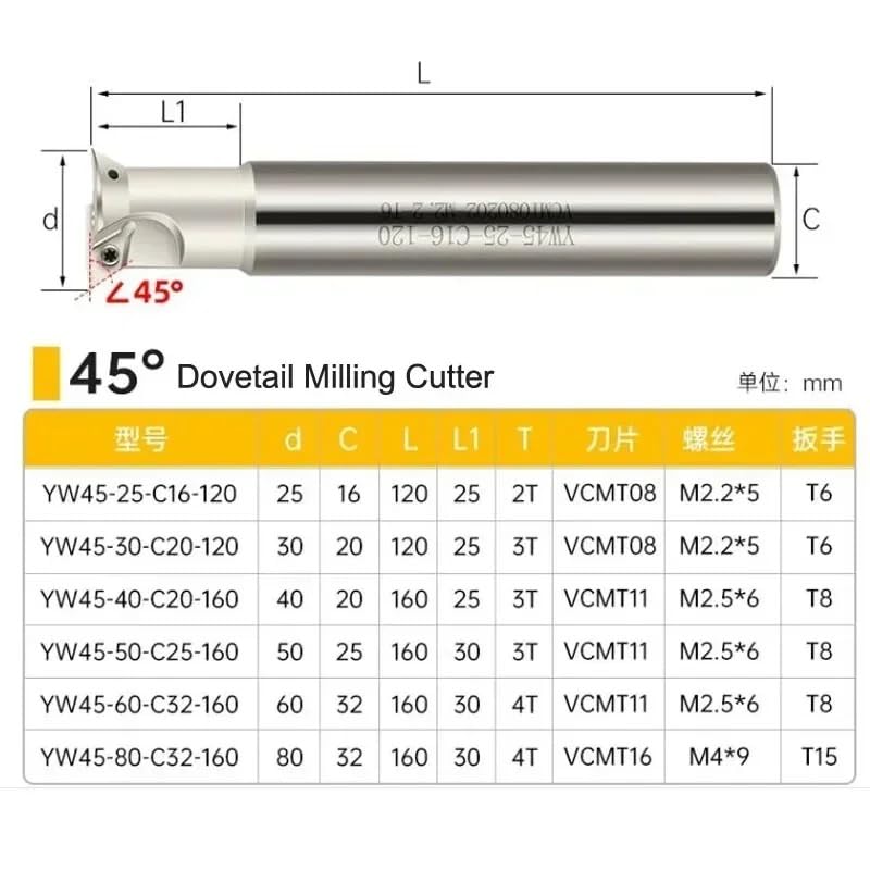 HSS Dovetail Cutter 45 55 60 Degree 25mm 30mm 40mm 50mm 60mm 80mm High Speed Steel Milling End Mill(YW45-25-C16-120L-2T)
