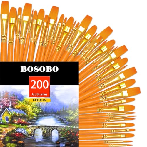Image of BOSOBO Assorted Nylon Acrylic Artist Paint Brushes Set,Orange,200 Pcs