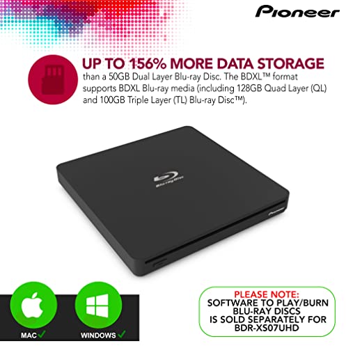 Pioneer Bdr-Xs07Uhd 4K Blu-Ray Portable Burner & Dvd Player - 6X Slim External Bdxl, Bd, Dvd & Cd Drive For Windows & Mac W/ 3.0 Usb, Cd Player, Write & Read On Laptop Or Desktop W/ Carry Case (Black) #TOP4