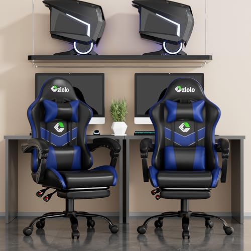 Image of Czlolo Gaming Chair with Footrest Racing Style Lumbar Support Massager Video Game Chair with Metal Legs, High Back Gamer Chair with Headrest, 360 Swivel Office Computer Desk Chair, Navy Blue