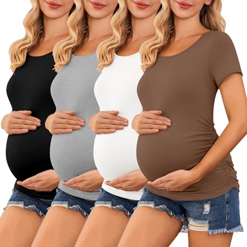 Ekouaer 4 Pack Womens Maternity Shirts Short Sleeve Crew Neck Side Ruched Pregnancy Tops New Mama Clothes