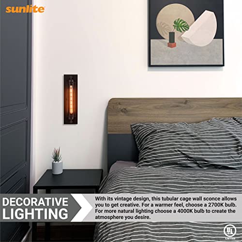Image of Sunlite 07038-SU Vintage-Inspired Tubular Cage Wall Sconce, Steampunk Industrial Light, Antique Style Metal Fixture, Medium Base Socket (Bulb Not Included), Rustic Farmhouse Design, Matte Black Finish