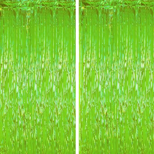 Image of Voircoloria 2 Pack Green Iridescent Tinsel Foil Fringe Curtains, Neon Party Decorations, Metallic Tinsel Party Streamers Backdrop for Birthday Baby Shower Halloween Wedding Party Decorations