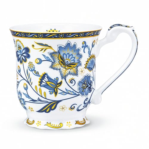 Taza de porcelana con diseño floral azul de 11.8oz miniatura 1