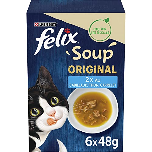 FELIX Original Suppe | Katze Erwachsene | Fischauswahl | 48 Stück | 6 x 48 g | 2,3 kg | Suppe im Beutel