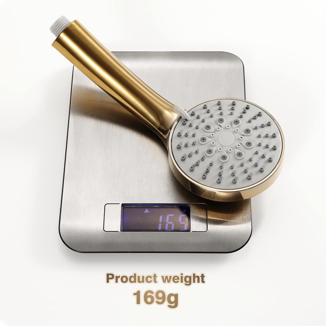 HMTE Soffione Doccia palmare Oro Spazzolato Soffione Doccia a 5 funzioni Soffione Doccia a Mano a Risparmio idrico Soffione Doccia a Pioggia Tondo in ABS con Uscita Acqua in Silicone