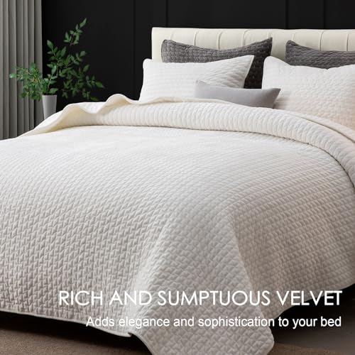Powdion Velvet Quilt Queen Size, Oversized Bedspread Quilted Bedding Set, Luxurious Soft Coverlet Set Lightweight Velvet Comforter for All Season with Pillow Shams, Striped, Full/Queen, White