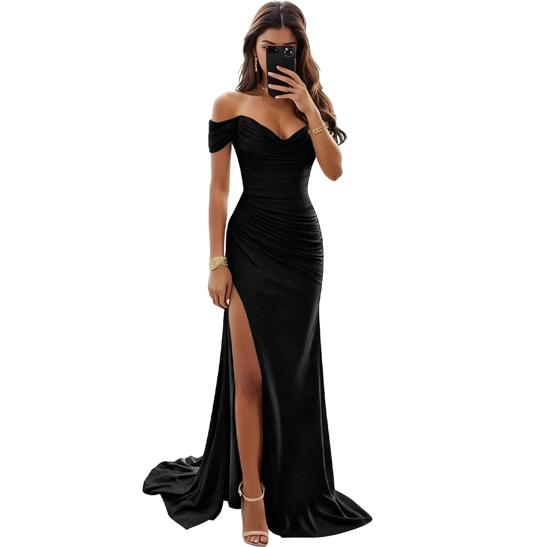 AOWVUTS Women Maxi Formal Dress Elegant Off Shoulder Bridesmaid Dresses Sexy High Slit Long Prom Evening Dresses Wedding Guest Cocktail Party Dress Gowns Black