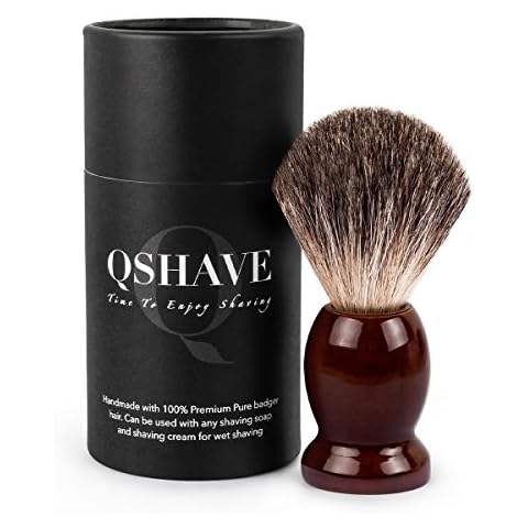 Qshave Rasierpinsel, handgefertigt aus 100 % echtem Dachshaar, mit Holzgriff, für Nassrasur mit Rasierhobel Cover