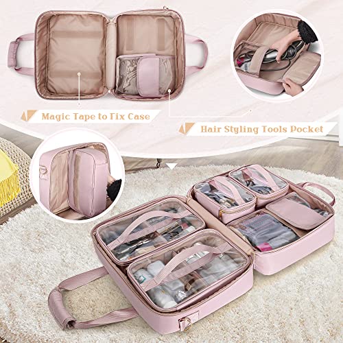 Professional Makeup Artist Travel Case with 4 Detachable Cosmetic Bags, Large Make up Organizer Bag with Makeup Kit Storage Section and Hair Tools Pocket, Pink (Empty Bag Only)3