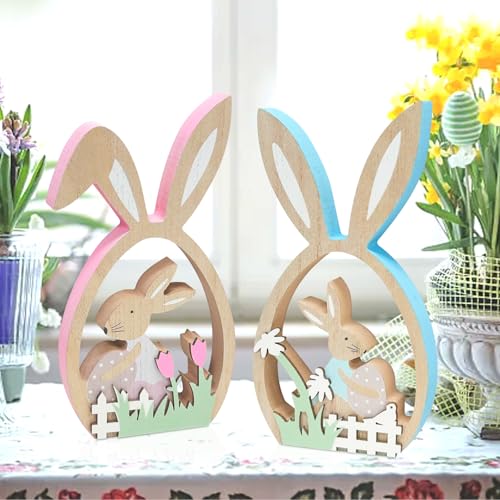 LIZANQU Décoration de Lapin de Pâques en Bois, Figurines de Lapins de Pâques, Deco Paques Bois Lapin pour Deco Paques Table Commode Fenêtre (B)