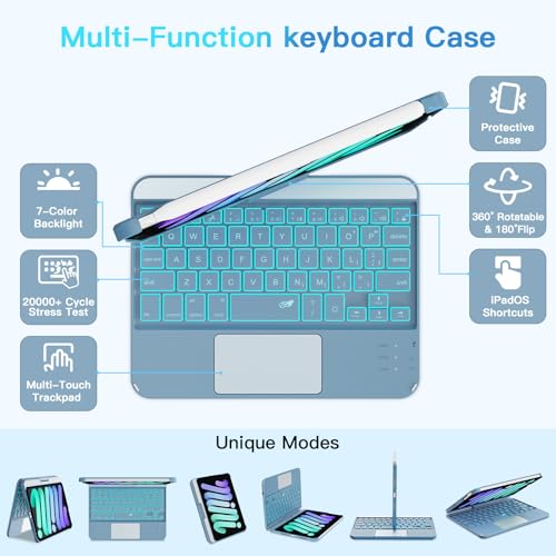 Image of RAYMCRAFT Keyboard Case for iPad mini 7 (A17 Pro, 2024) & Mini 6 (2021) 8.3-inch, 360 Rotatable, 7 Color Backlit, Multi-Touch Trackpad, Wireless Keyboard for iPad mini 7th /6th Generation, Light Blue