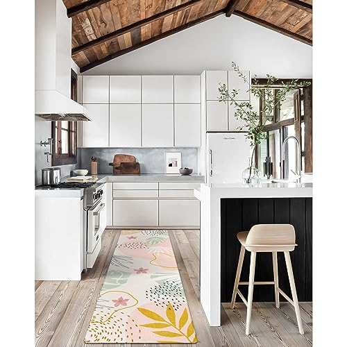 Lahome Washable Rug 2x8 - Hallway Kitchen Bathroom Carpet Runner, Lightweight Pink Botanical Print Laundry Non Slip Throw Rug, Bedroom Entryway 8ft