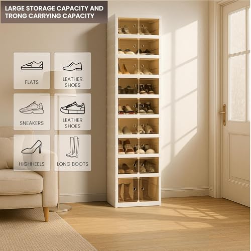Image of Foldable Shoe Organizer Storage Box Set of 6, Portable Extra Large Folding Shoe Rack for Closet, Shoe Storage Box with Magnetic Transparent Door and Wheels, 9 Layers 18 Grids with 2 Big Grids