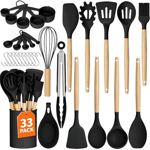 33Pcs Kitchen Utensils Set Silicone Cooking Utensils Set with Wooden Handle