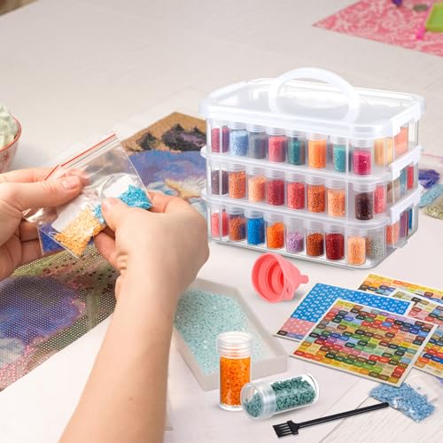 Image of Watersay 2 Pcs 3 Tier Diamond Art Storage Containers 300 Slots Portable Bead Organizer Box, Stackable Crafts Organizers for DIY Diamond Art Craft Jewelry Bead Storage