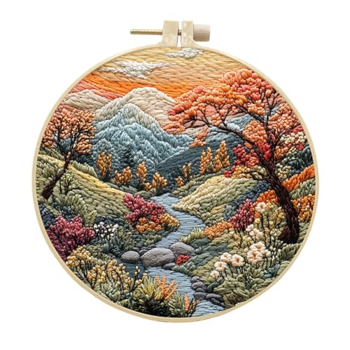 Image of EUBUY Landscape Embroidery Kits for Beginners, Embroidery Kits for Beginners Adults, Beginners Embroidery Starter Kit with Pattern, Needle Thread DIY Embroidery Material Kit