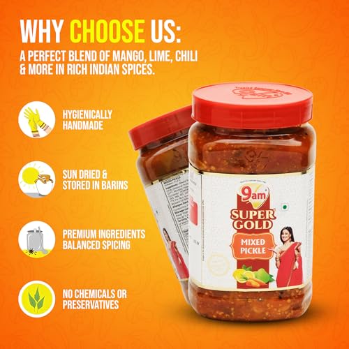 Image of 9AM Super Gold Mixed Pickle 900g - Spicy & Tangy Blend of Traditional Indian Pickles (Pack of 2)