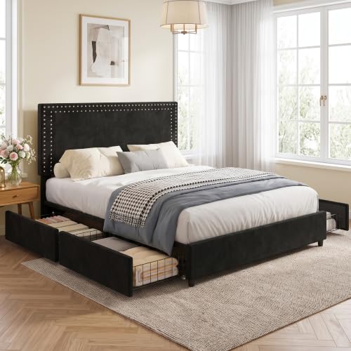 Image of VECELO Queen Size Upholstered Bed Frame with 4 Storage Drawers, Adjustable Velvet Rivet Decor Headboard, Wooden Slats Platform Support, No Box Spring Needed, Easy Assembly,Black