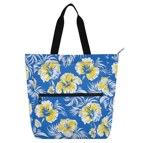 Blue Hibiscus Palm Leaves Tote Bag for Book Lovers Reusable Bags with Zipper Pocket for School Work Shopping