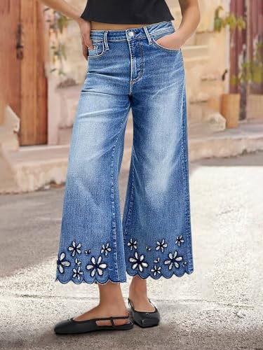 Flamingals Women's Wide Leg Crop Jeans Mid Rise Floral Embroidery Strechy Casual Trendy Denim Pants2