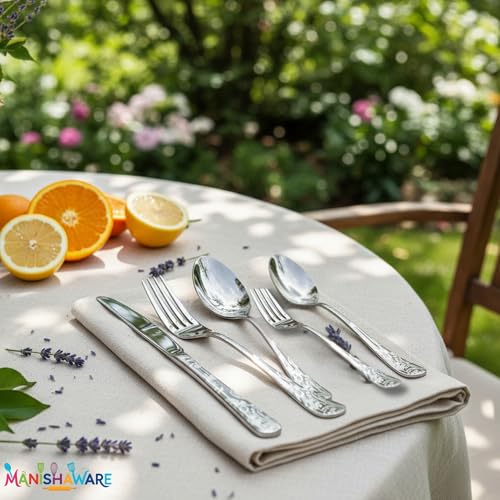 Image of Floral Silver 20 Pcs Stainless Steel Cutlery Set for Dining Table, Dishwasher Safe Glossy Flatware (4 Spoon Set+4 Forks Set+4 Butter Knife+4 Dessert Spoon+ 4 FruitFork)