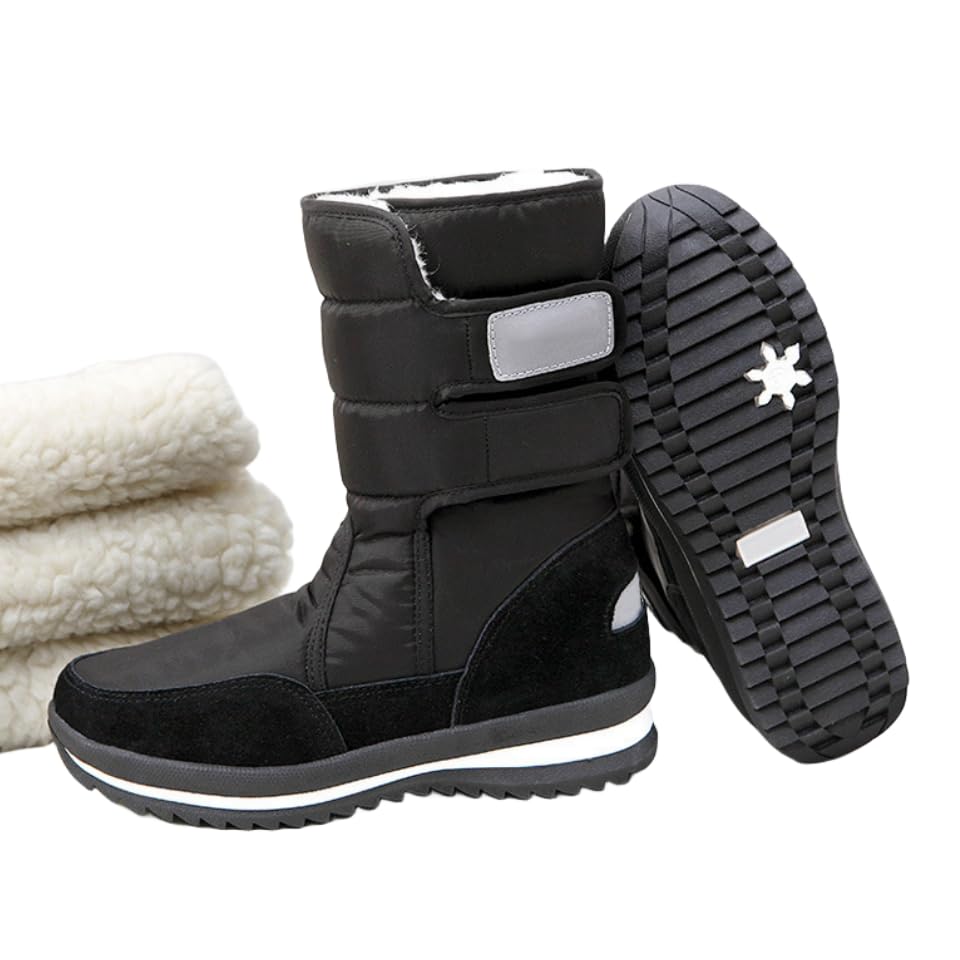 Women's Winter Snow Boots Waterproof Lightweight Warm Fashion Mid Calf Boot (9.5,Black)