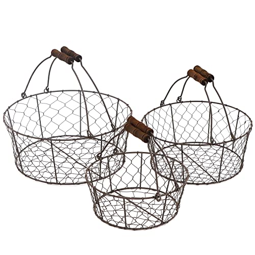 Set of 3 Wire Basket with Wooden Handles - Vintage