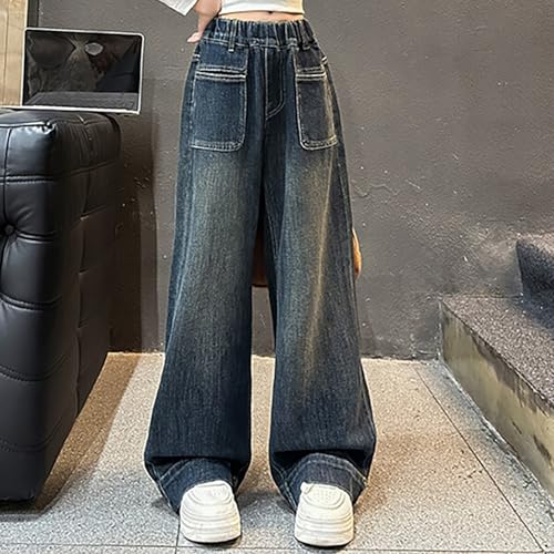 Girls Wide Leg Pants Baggy Boot-Cut Stretch Jeans Kids Elastic High Waist Casual Washed Demin Pants with Pockets3