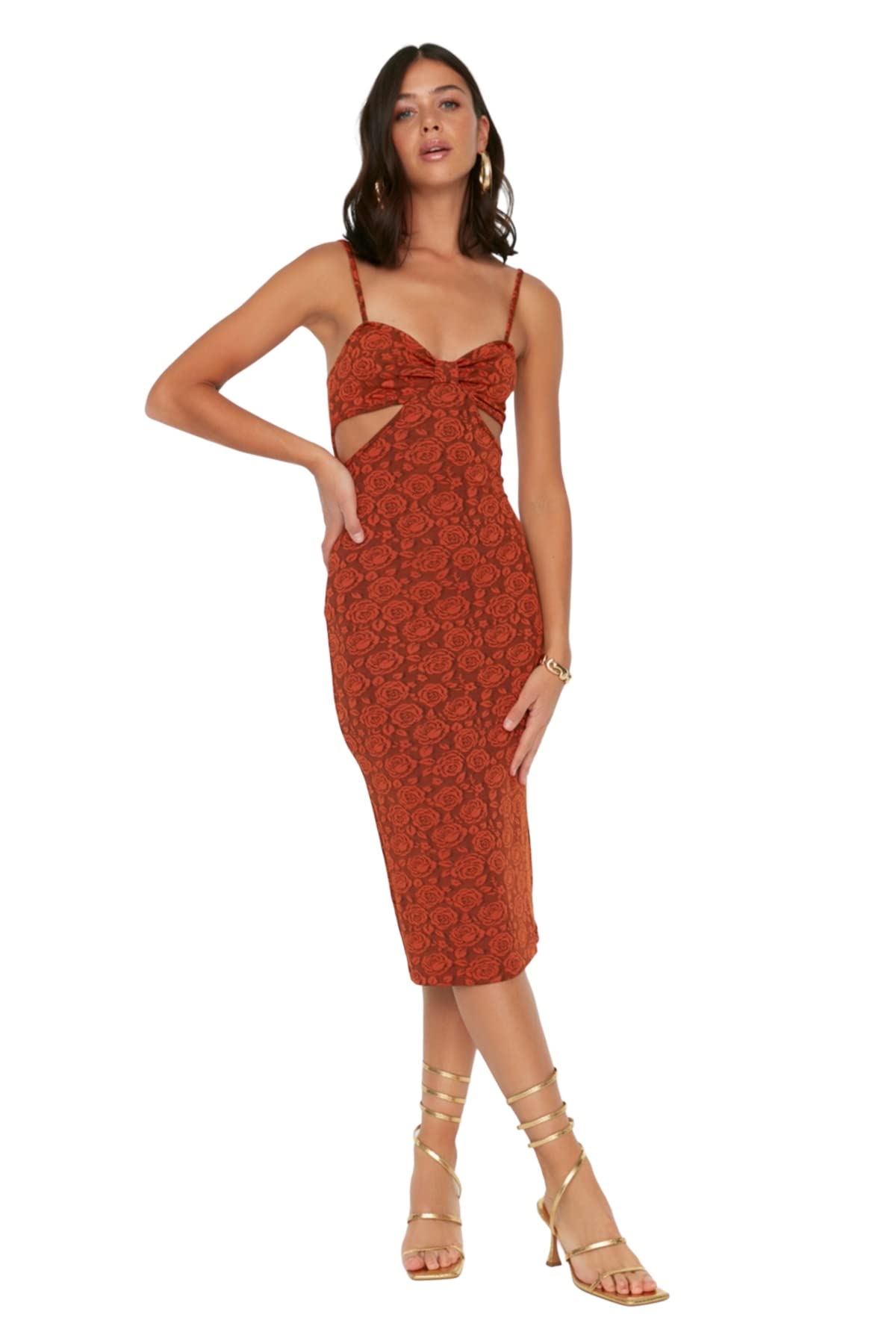 Trendyol Women's Midi Bodycon Regular Dress, Cinnamon, 34 UK