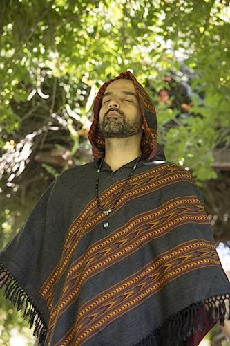 Om Shanti Crafts Hooded Poncho with Fringes, Vegan Wool Wrap, Handmade in India. Unisex3