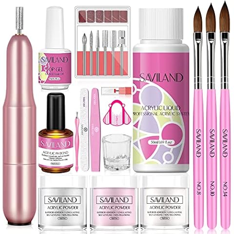 Saviland Acrylnägel Starterset Komplett - 3 Farben Acryl Nagelset mit Nagelfräser | Acryl Pulver Nails | Nail Drill | Acryl Liquid | Acryl Pinselnagel | Top Coat&Non-acid PH Bond | Nägel Selber Machen Cover