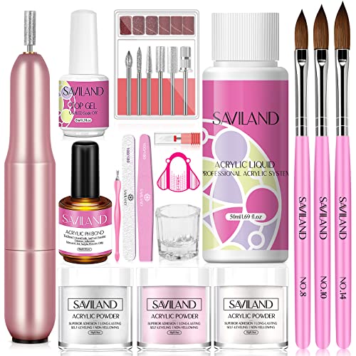 Saviland Kits De Uñas AcríLicas Para Principiantes: Polvo AcríLico Rosa Blanco Transparente, Cepillo De Uñas Líquido AcríLico, Taladro Eléctrico Para Uñas, Imprimación Para Uñas