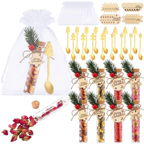 Mimorou 24 Set Christmas Tea Party Favors Bulk Gifts Christmas Tea Party Set with 4.13'' Empty Glass Jars Stainless Steel Teaspoons Organza Bags and Rope Thank You Xmas Gifts