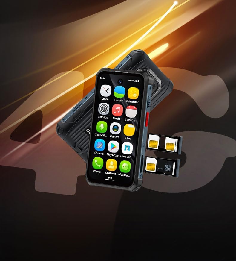 Hipipooo MAXo Mini Rugged Smartphone showing dual SIM and microSD card slots