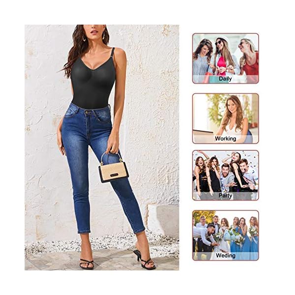 Nebility-Women-Waist-Trainer-Bodysuit-Tops-Slim-Full-Body-Shapewear-Seamless-Sexy-V-Neck-Leotard-Stretchy-Jumpsuit Nebility Women Waist Trainer Bodysuit Tops Slim Full Body Shapewear Seamless Sexy V Neck Leotard Stretchy Jumpsuit (M/L, Black)