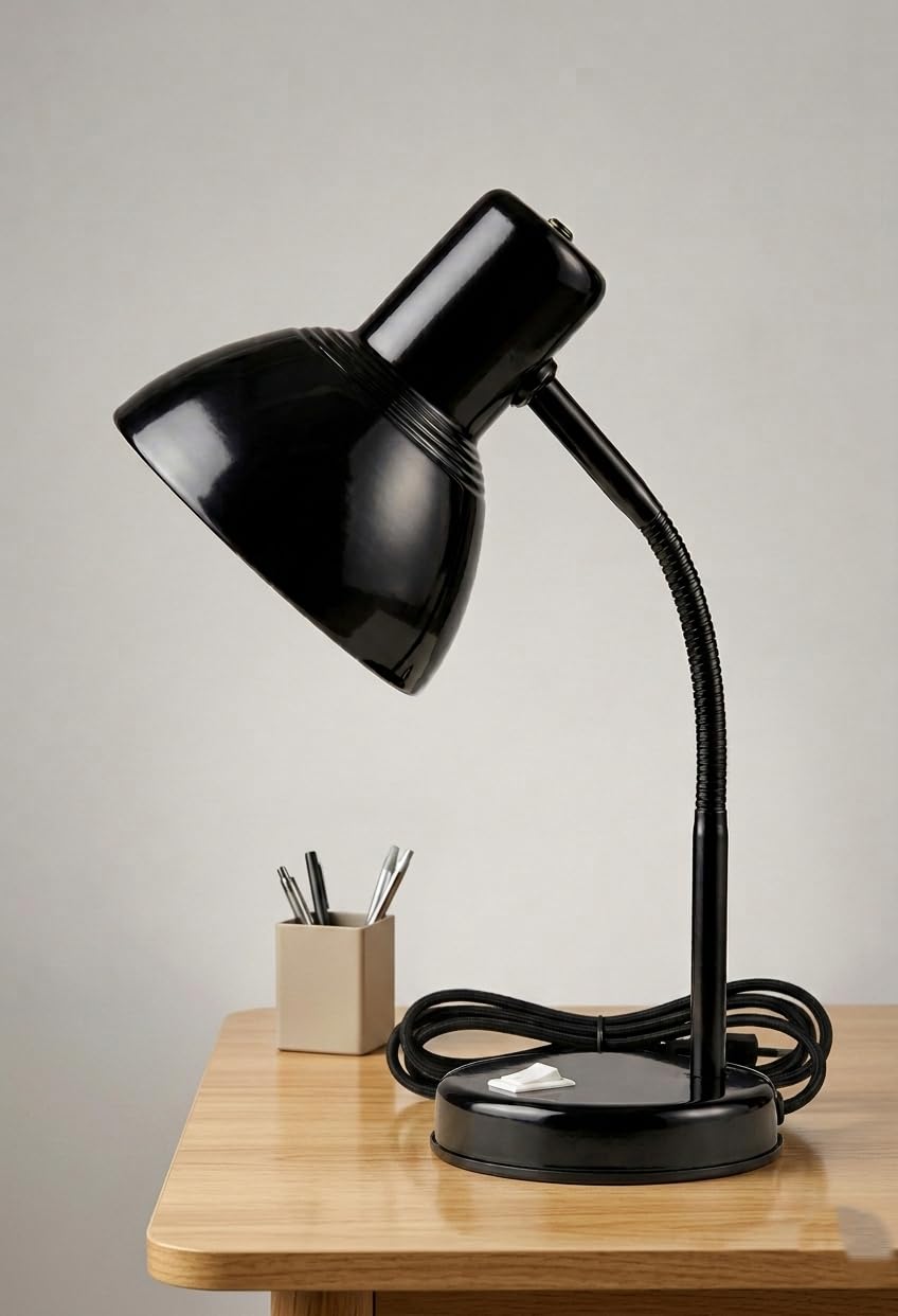 study table lamp metal body desk lamp with ss flexible neck, b22 holder, 18.5 inch, round base, perfect for kids study, reading, bedroom, night light (bulb not included) (black)