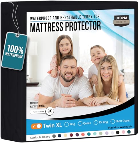 Utopia Bedding Waterproof Mattress Protector Twin XL Size, Premium Terry Mattress Cover 200 GSM, Breathable, Fitted Style with Stretchable Pockets (Black)