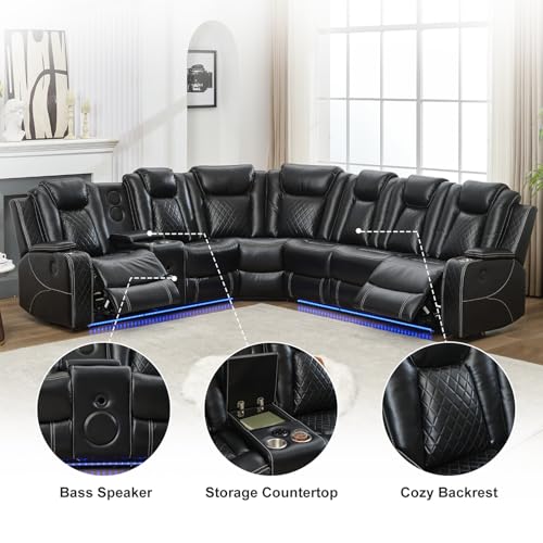 Image of Power Recliner Sectional Sofa for Living Room, Faux Leather Electric Sofa Couches with Bass Speaker, LED Light, USB, Type-C, Wireless Charging, Storage Console, Cup Holder, Reading Light, Black