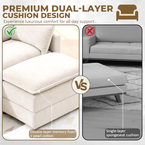 Image of 112 inch L-Shape Modular Sofa with 1 Ottomans, Deep Seat Cloud Convertible Sleeper, 3 Throw 2 Arm Pillows, Comfortable Upholstered Furniture for Living Room Apartment, Beige