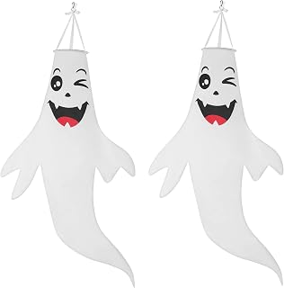 STOBOK Halloween Wind Socks, 2Pcs Halloween Ghost Hanging Decoration for Home Yard Outdoor Decor with 2Pcs String Lights, 74.2x140cm