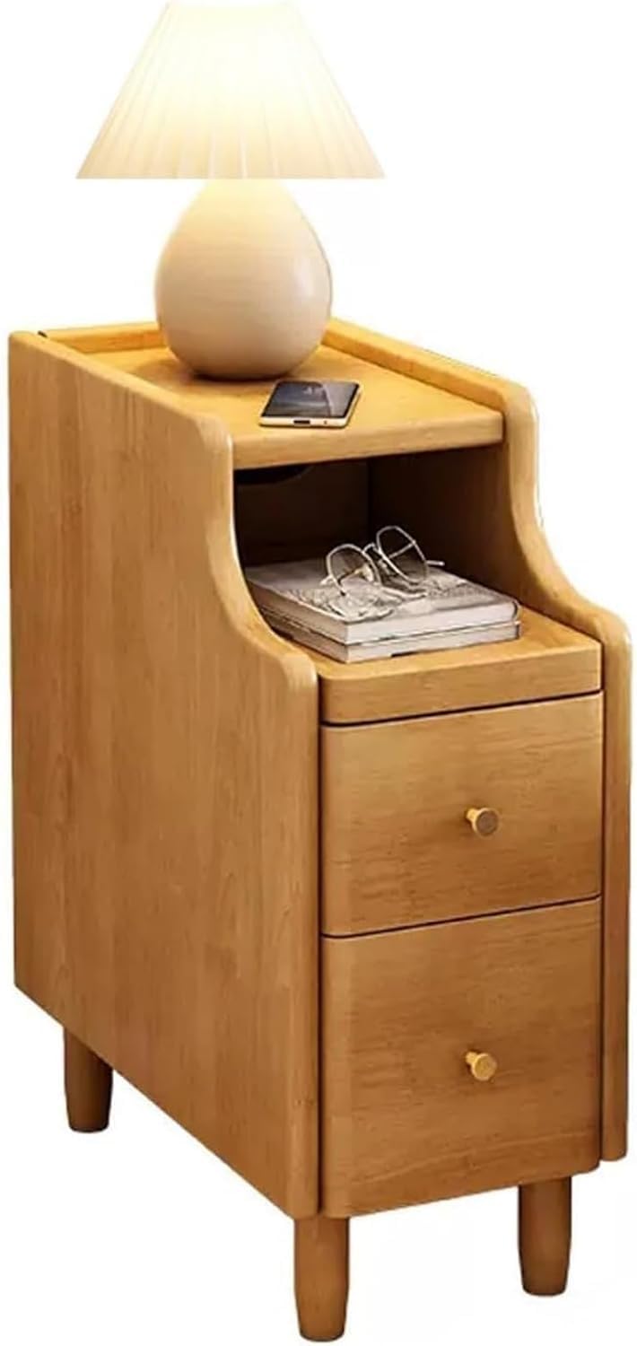 Comodino stretto in legno massello, comodino da 20,3 cm con cassetto, ripiano portaoggetti e foro per cavi per piccoli spazi per camera da letto