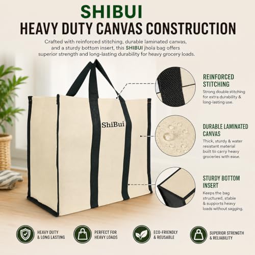 Image of SHIBUI Canvas Grocery Shopping Bag - Large Reusable Tote (17x8.5x14 inch) with Reinforced Handles & Bottom Insert - Heavy Duty, Foldable, Washable, Jhola Bag for Vegetables & Fruits.