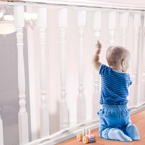 tupi Banister Guard for Baby - 15ft Lx 3ft H, Premium Balcony Netting for Pets, Child Safety Net, Stair Railing Proof Mesh for Kids, Toys, Pets - White