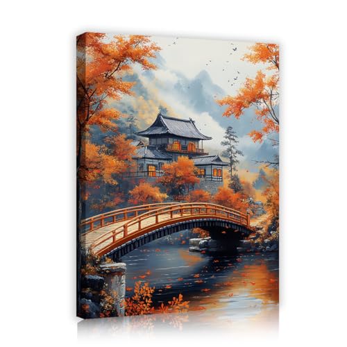 日本の秋のキャンバスウォールアート写真伝統的な風景キャンバス絵画プリントオリエンタルポスター壁画ホームスタディオフィス70x90cmインナーフレーム