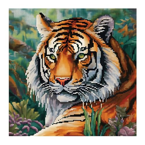 Image of Xinpinzhou Tiger 11ct Cross Stitch Kits, 11 CT Funny Pre Printed Counted Stamped Cross Stitch Embroidery Needlepoint Patterns Kits for Beginners Adults Animal Crossstitch 40x40 cm