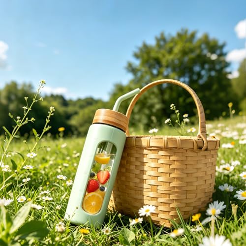 Image of 24 oz Glass Water Bottle with Straw - 2 Lids (Bamboo & Spout), Motivational Borosilicate Glass Daily Water Intake Bottle with Time Marker, Silicone Sleeve for Gym Home Office-Light Green