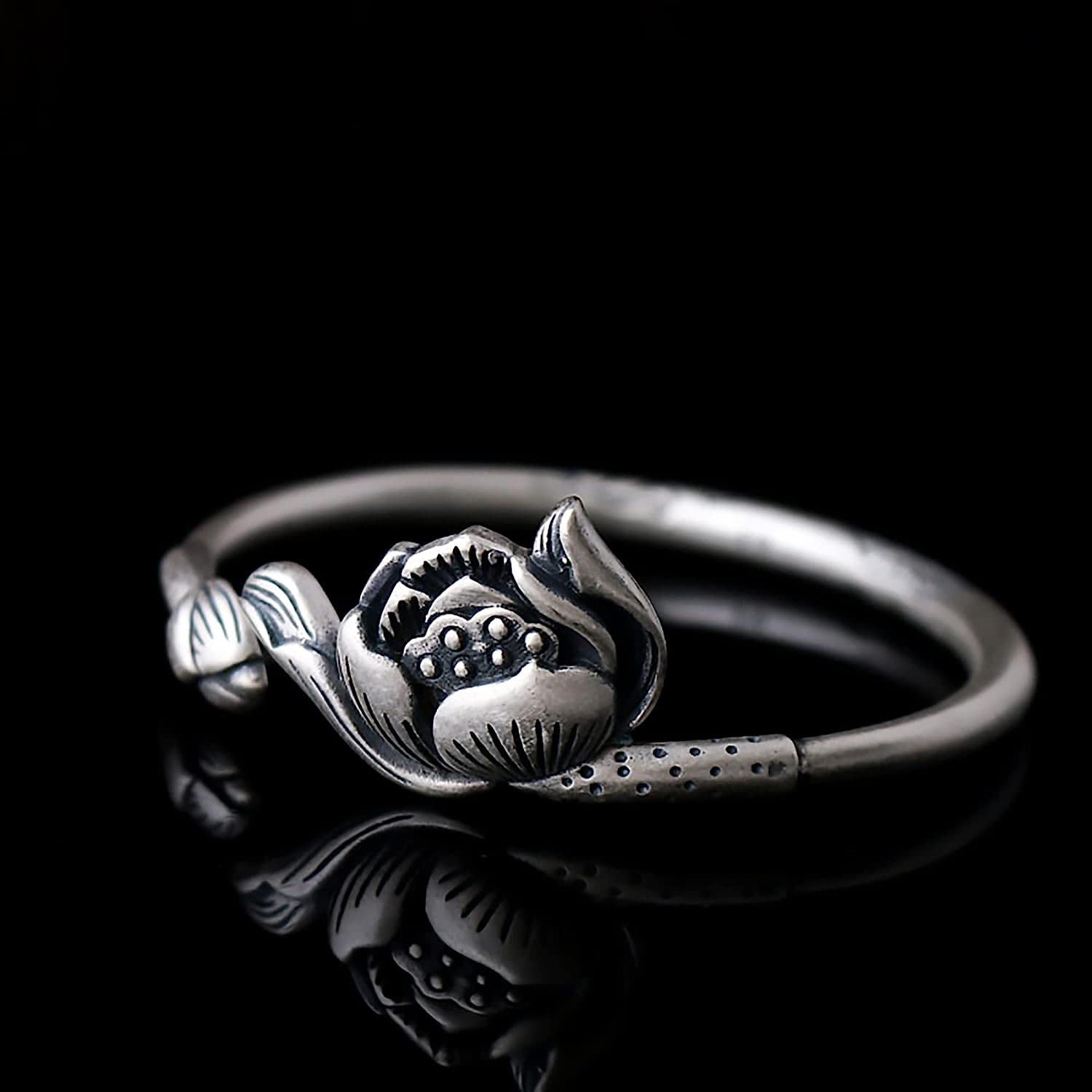 catene a catena, regolabili; Bracciale rigido aperto in argento sterling S990 for donna con motivi di loto e orchidea, 42 g